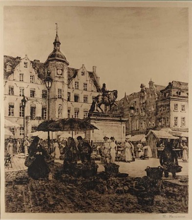 Rynek w Düsseldorfie - stara duża akwaforta - Heinrich Hermanns