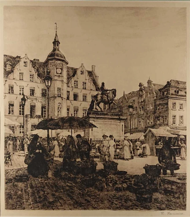 Rynek w Düsseldorfie - stara duża akwaforta - Heinrich Hermanns