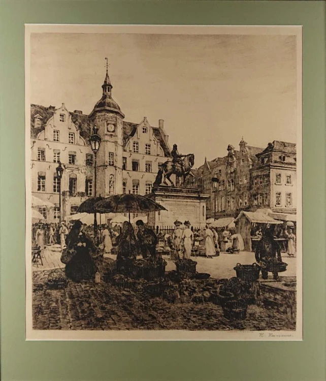 Rynek w Düsseldorfie - stara duża akwaforta - Heinrich Hermanns