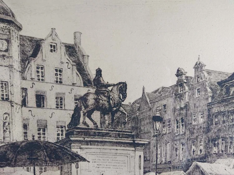 Rynek w Düsseldorfie - stara duża akwaforta - Heinrich Hermanns