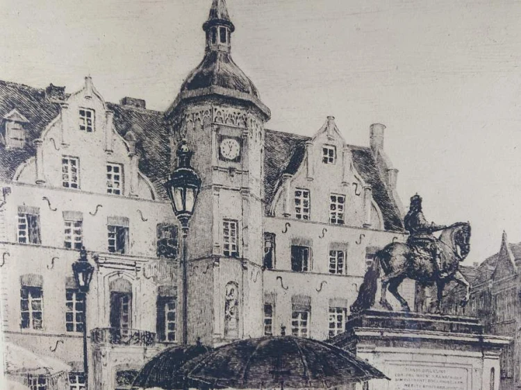 Rynek w Düsseldorfie - stara duża akwaforta - Heinrich Hermanns
