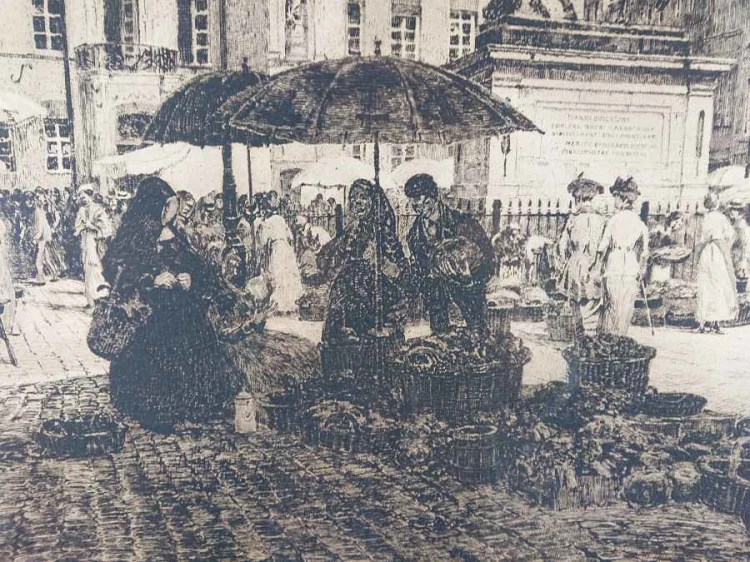 Rynek w Düsseldorfie - stara duża akwaforta - Heinrich Hermanns