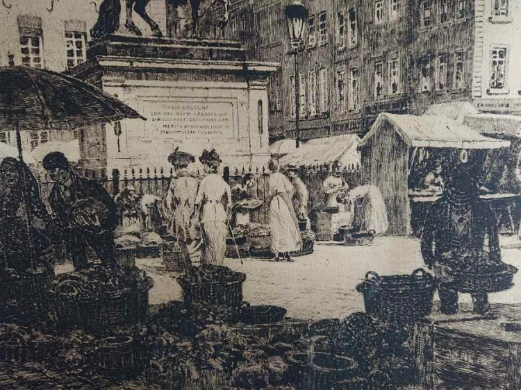 Rynek w Düsseldorfie - stara duża akwaforta - Heinrich Hermanns