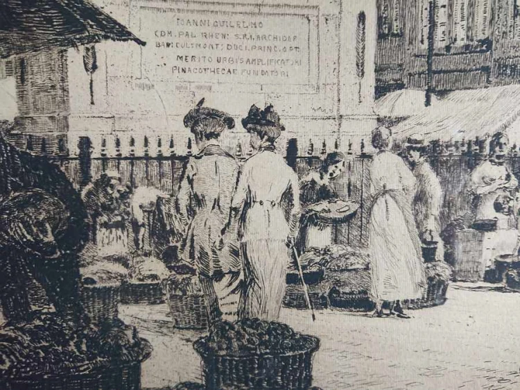 Rynek w Düsseldorfie - stara duża akwaforta - Heinrich Hermanns