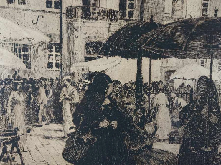 Rynek w Düsseldorfie - stara duża akwaforta - Heinrich Hermanns
