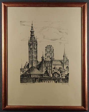 Gdańsk - Danzig - Ratusz i Kościół Mariacki - Grafika Paul Kreisel