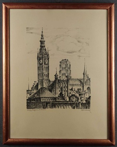 Gdańsk - Danzig - Ratusz i Kościół Mariacki - Grafika Paul Kreisel