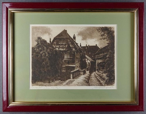 Zamek w Wartburg - przedwojenna akwaforta - Albrecht Bruck