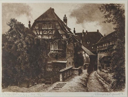 Zamek w Wartburg - przedwojenna akwaforta - Albrecht Bruck