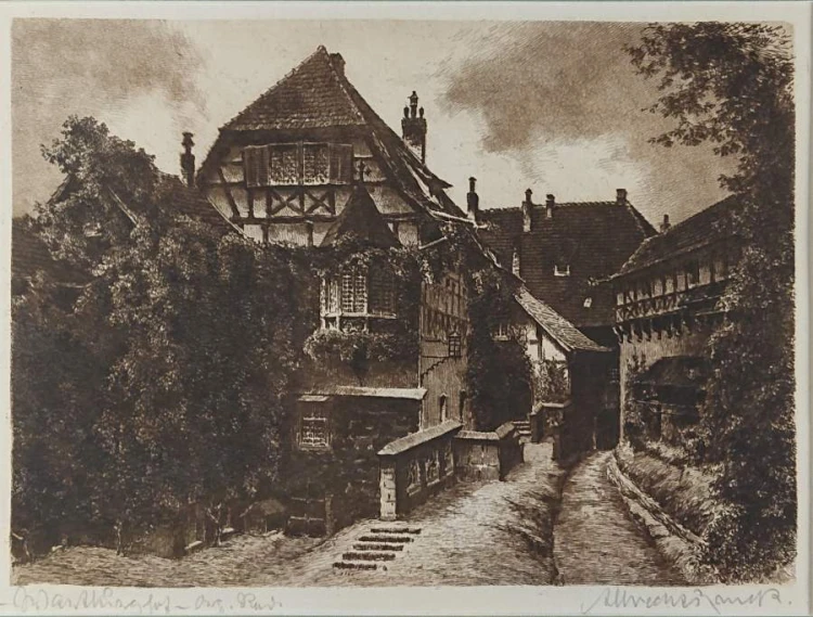 Zamek w Wartburg - przedwojenna akwaforta - Albrecht Bruck