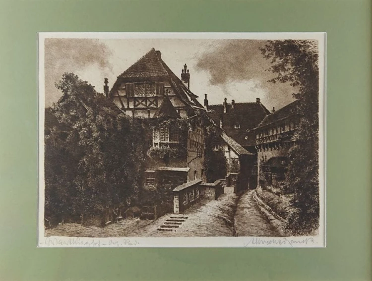 Zamek w Wartburg - przedwojenna akwaforta - Albrecht Bruck