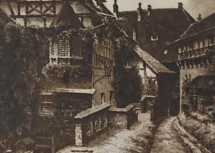 Zamek w Wartburg - przedwojenna akwaforta - Albrecht Bruck