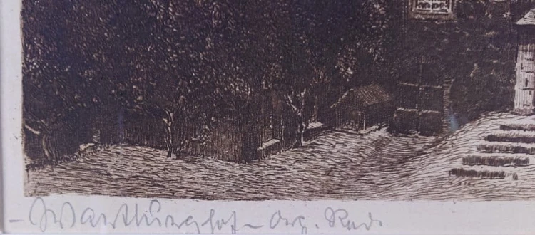 Zamek w Wartburg - przedwojenna akwaforta - Albrecht Bruck