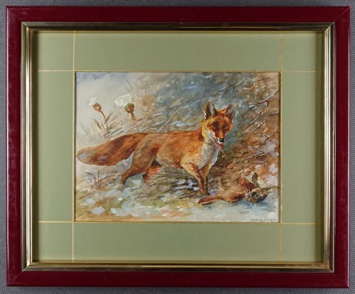 Lis i zając - obraz akwarelowy - R. Heinen