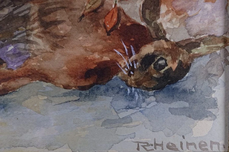 Lis i zając - obraz akwarelowy - R. Heinen