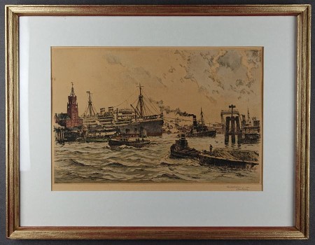 Adolf Mühlhan  Port w Hamburgu - marynistyczna grafika