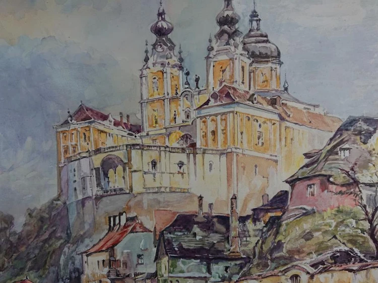 Klasztor Melk - Benno Danitz - Duża barwna akwarela