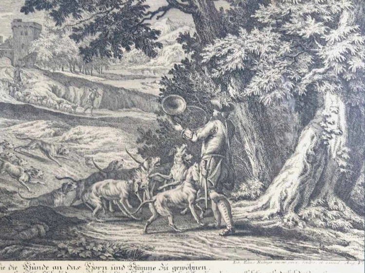 Na polowanie z psami - miedzioryt Johann Elias Ridinger