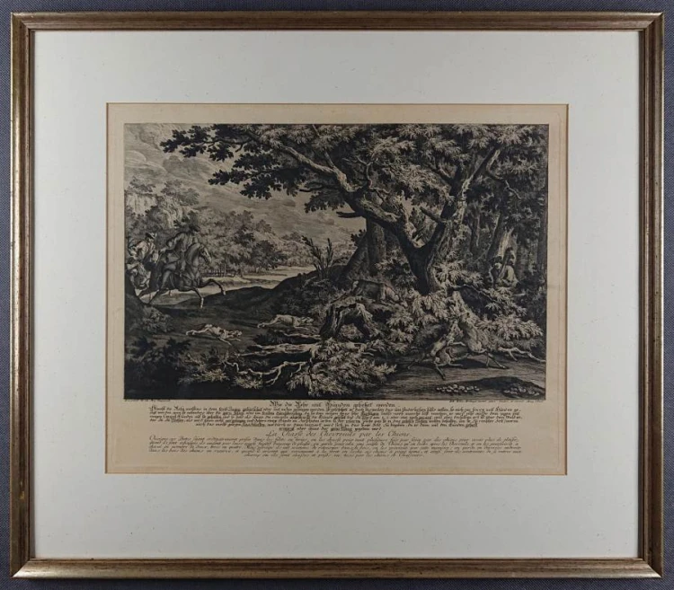 Pogoń za jeleniem - miedzioryt Johann Elias Ridinger