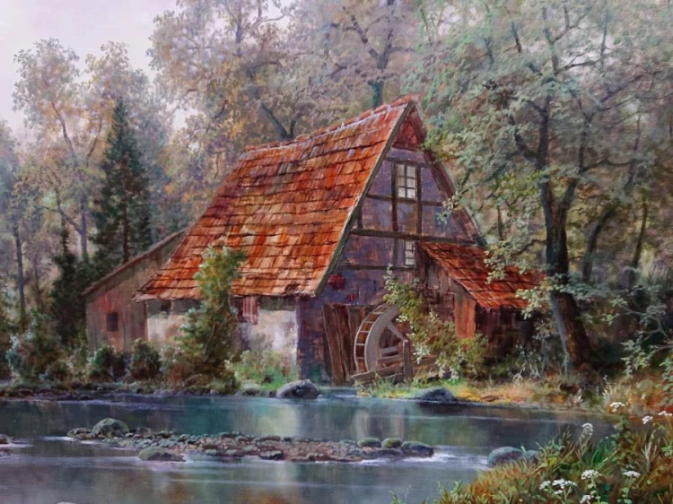 Młyn wodny w tajemniczym lesie - romantyczny obraz - Hermann Dieste