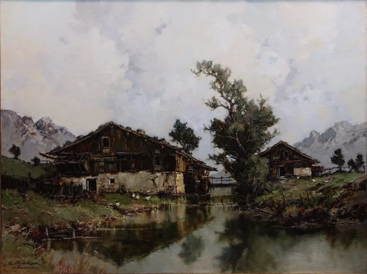 Młyn wodny w podgórskim krajobrazie - monachijskie malarstwo - Ernst Bröcker