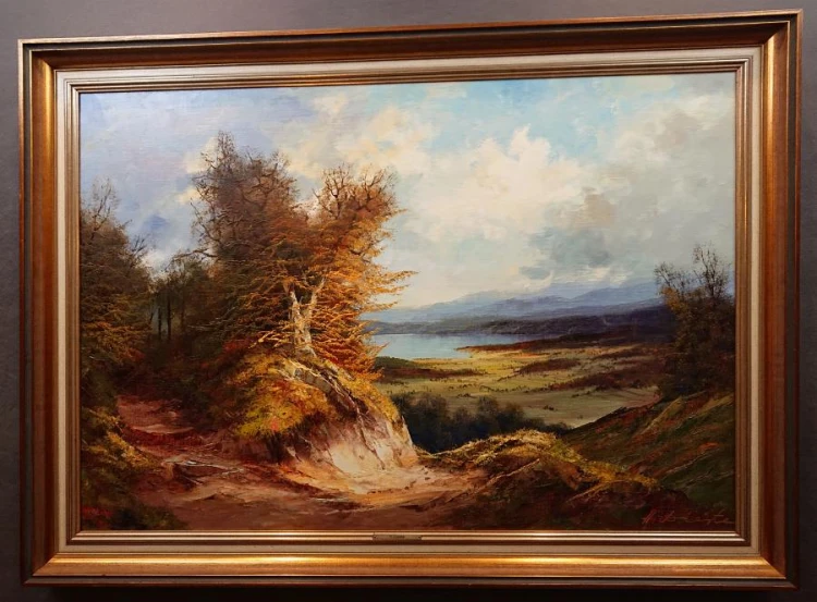 Jesienny pejzaż z widokiem na jezioro - obraz olejny - Hermann Dieste