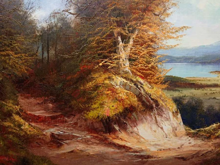 Jesienny pejzaż z widokiem na jezioro - obraz olejny - Hermann Dieste