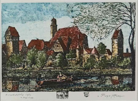 Panorama na miasto Dinkelsbühl - akwaforta Otto Ferdinand Probst