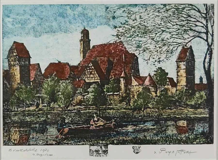 Panorama na miasto Dinkelsbühl - akwaforta Otto Ferdinand Probst