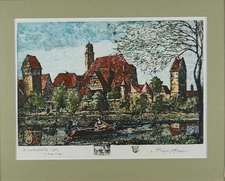 Panorama na miasto Dinkelsbühl - akwaforta Otto Ferdinand Probst