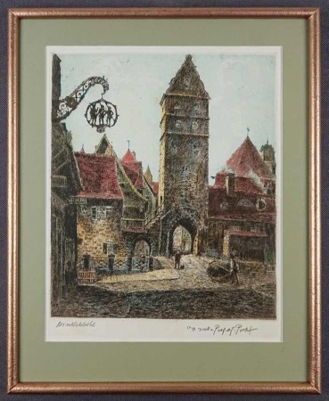 Kamienna wieża w Dinkelsbühl - kolorowa akwaforta Otto Ferdinand Probst