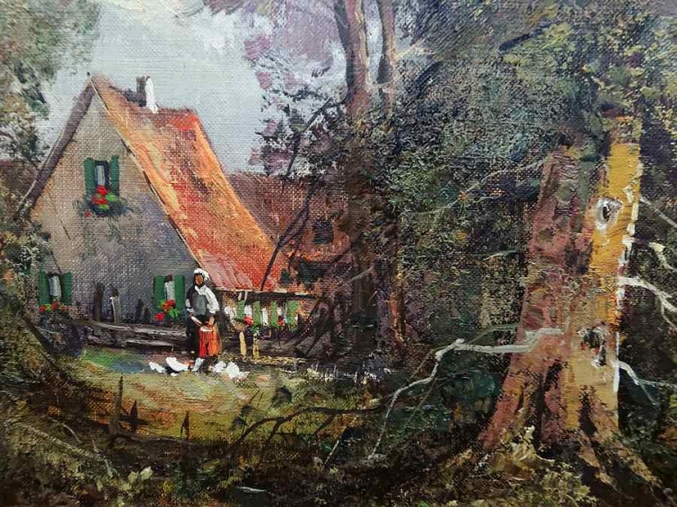 Jesienny pejzaż wiejski z domami i stawem - duży obraz - Th. Kortten