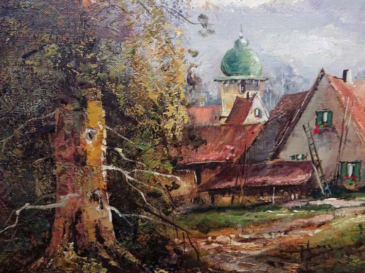 Jesienny pejzaż wiejski z domami i stawem - duży obraz - Th. Kortten