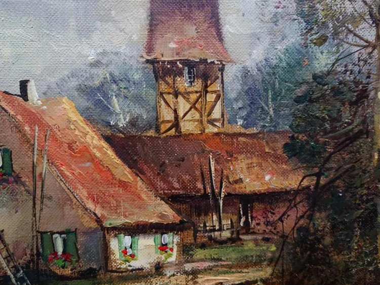 Jesienny pejzaż wiejski z domami i stawem - duży obraz - Th. Kortten