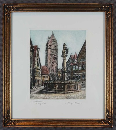 Zabytkowa fontanna w Dinkelsbühl - grafika Otto Ferdinand Probst