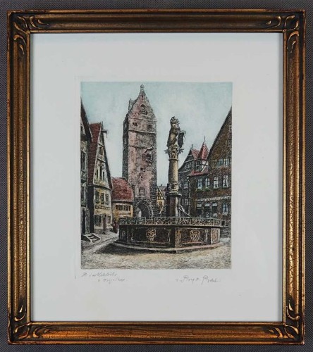 Zabytkowa fontanna w Dinkelsbühl - grafika Otto Ferdinand Probst