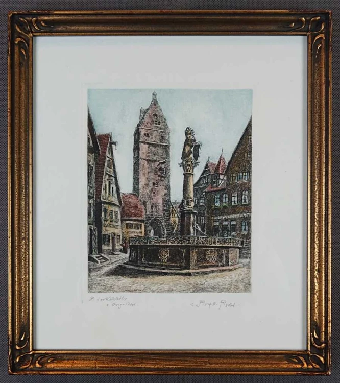 Zabytkowa fontanna w Dinkelsbühl - grafika Otto Ferdinand Probst
