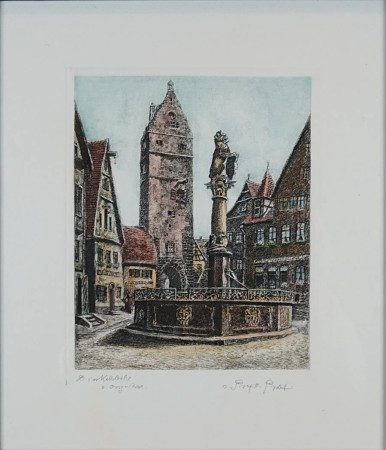 Zabytkowa fontanna w Dinkelsbühl - grafika Otto Ferdinand Probst