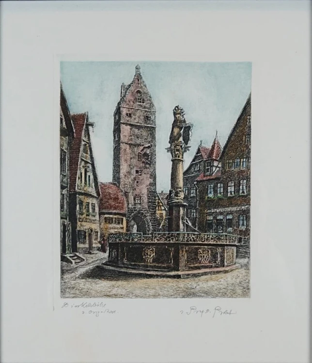 Zabytkowa fontanna w Dinkelsbühl - grafika Otto Ferdinand Probst