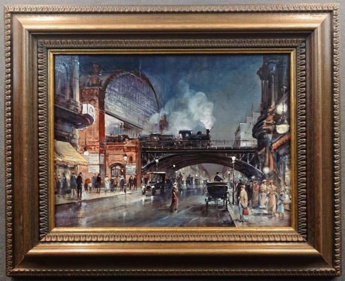 Dworzec Friedrichstrasse w świetle latarni - historyczny obraz olejny - E.J. Altmann