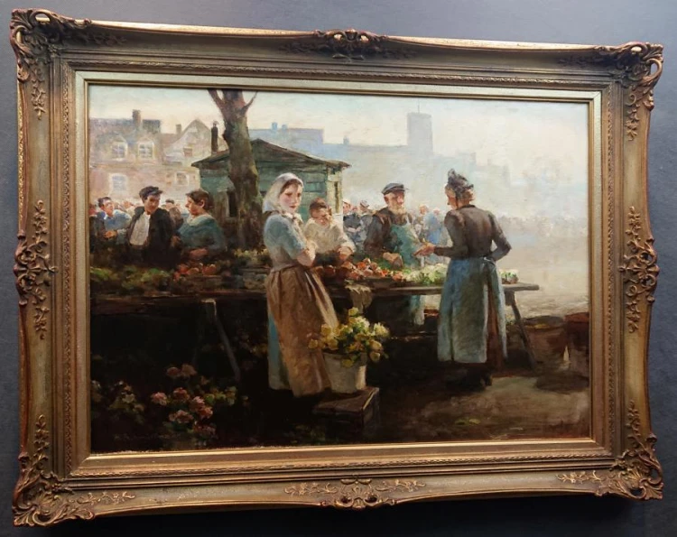Targ o poranku - piękny stary obraz olejny - Hermann Schmidtmann
