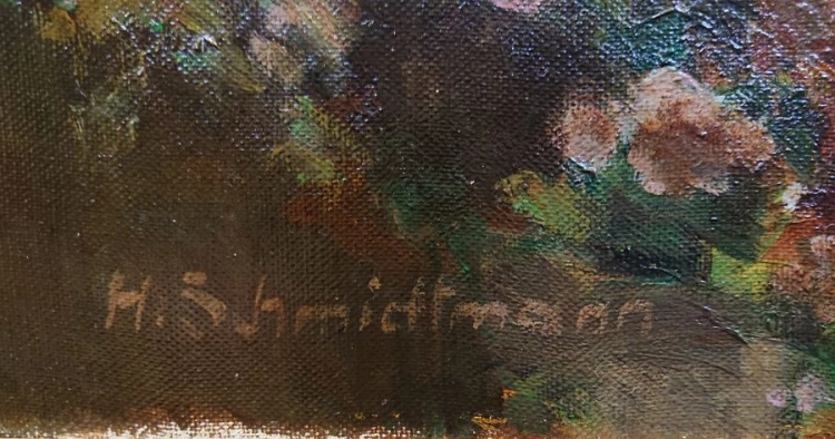 Targ o poranku - piękny stary obraz olejny - Hermann Schmidtmann