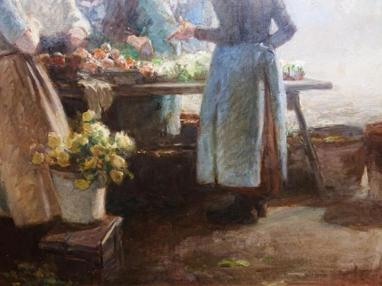 Targ o poranku - piękny stary obraz olejny - Hermann Schmidtmann