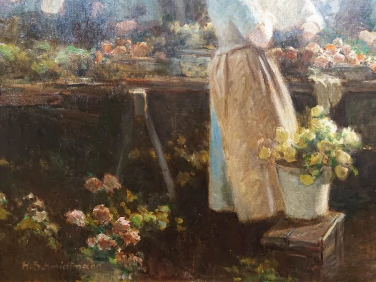 Targ o poranku - piękny stary obraz olejny - Hermann Schmidtmann