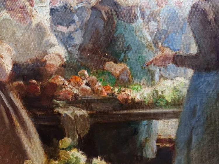 Targ o poranku - piękny stary obraz olejny - Hermann Schmidtmann