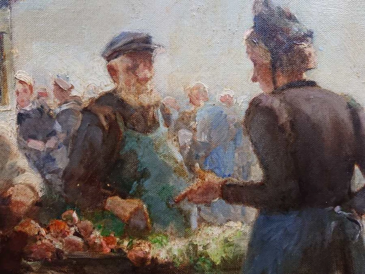 Targ o poranku - piękny stary obraz olejny - Hermann Schmidtmann