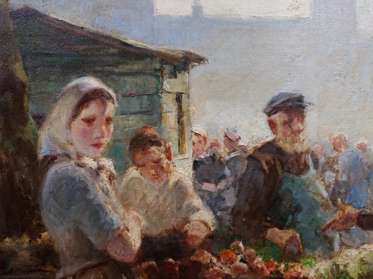Targ o poranku - piękny stary obraz olejny - Hermann Schmidtmann
