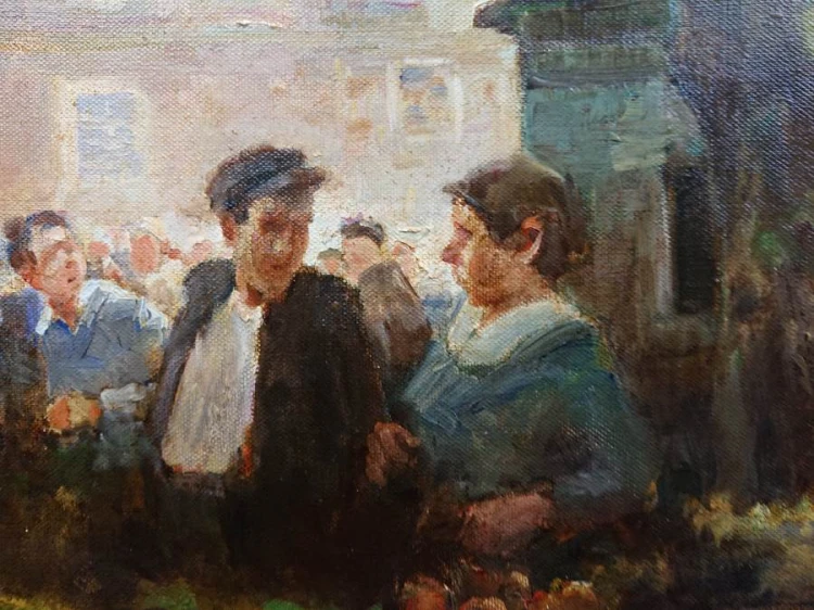 Targ o poranku - piękny stary obraz olejny - Hermann Schmidtmann
