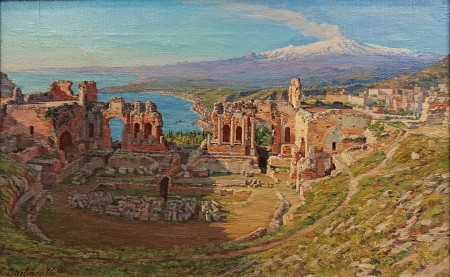 Ruiny Teatro Greco w blasku Etny - stary obraz - Gaetano Barbagallo