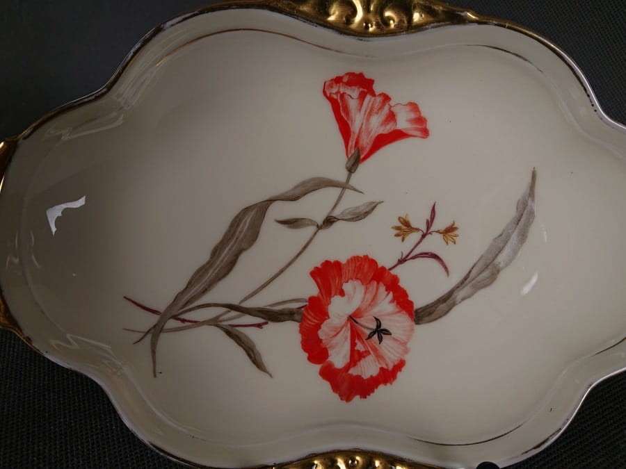 Kunsztowna patera Thomas wykonany z najwyższej jakości porcelany w kolorze ecru. Dekorowany motywami kwiatowymi w kolorze czerwieni i zieleni oraz złoceniami. Patera idealny do kolekcji.